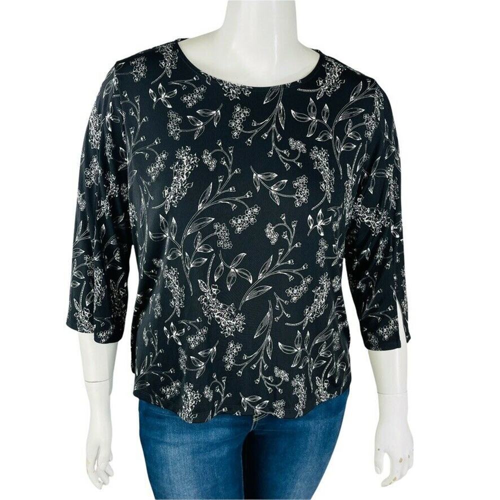 Easy Wear by Chicos Womans Sz 3 16 Blouse Black Floral 3/4 Sleeve Stretch
